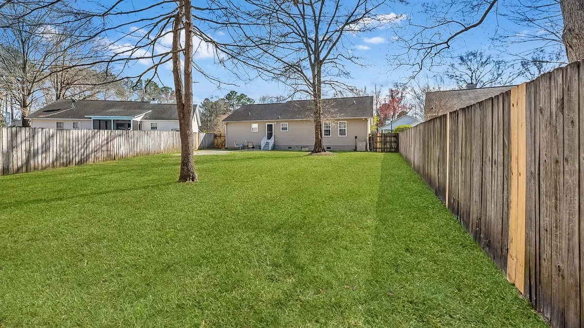 A vibrant backyard scene with a lush green lawn, a sturdy wooden fence, a mature tree, and a backyard patio. The space is clearly set up for family gatherings, playing, and outdoor relaxation, with an inviting atmosphere perfect for both children and adults.